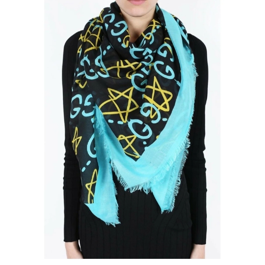 Gucci Black And Blue Scarf With Gold Accents